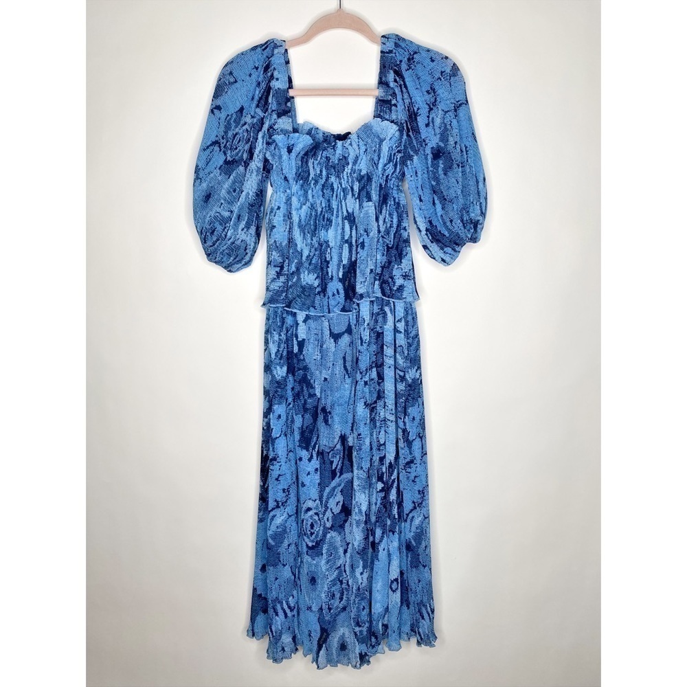 Ganni Georgette Dress Pleated Blue Midi Square Neck Puff Sleeve New Size Small